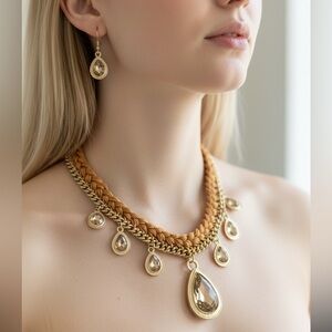 Modern Gold and Tan Necklace with Teardrop Pendants And Earring Set,  NIP